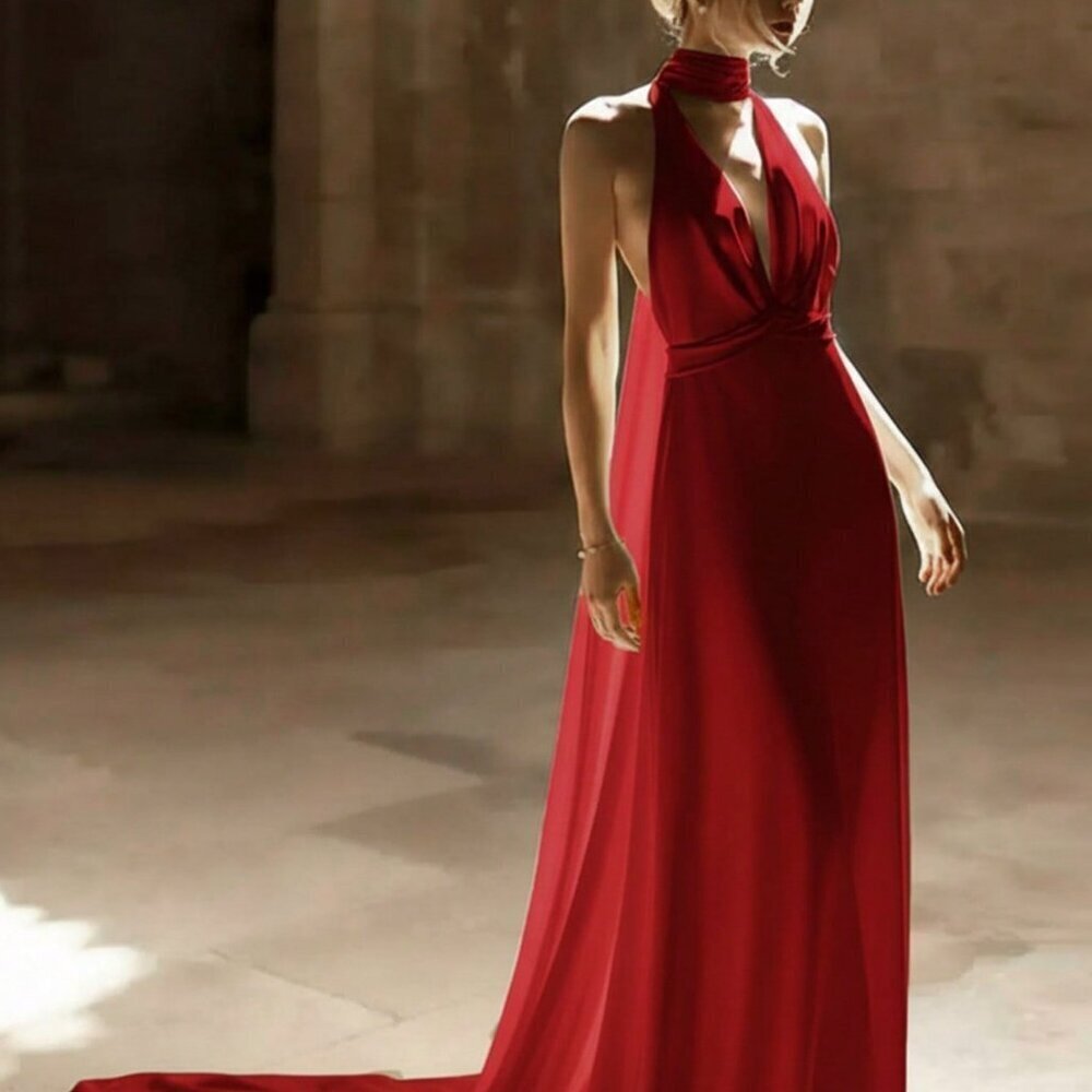 Red Elegant Women's Deep V-Neck Spaghetti Strap Mermaid Maxi Dress